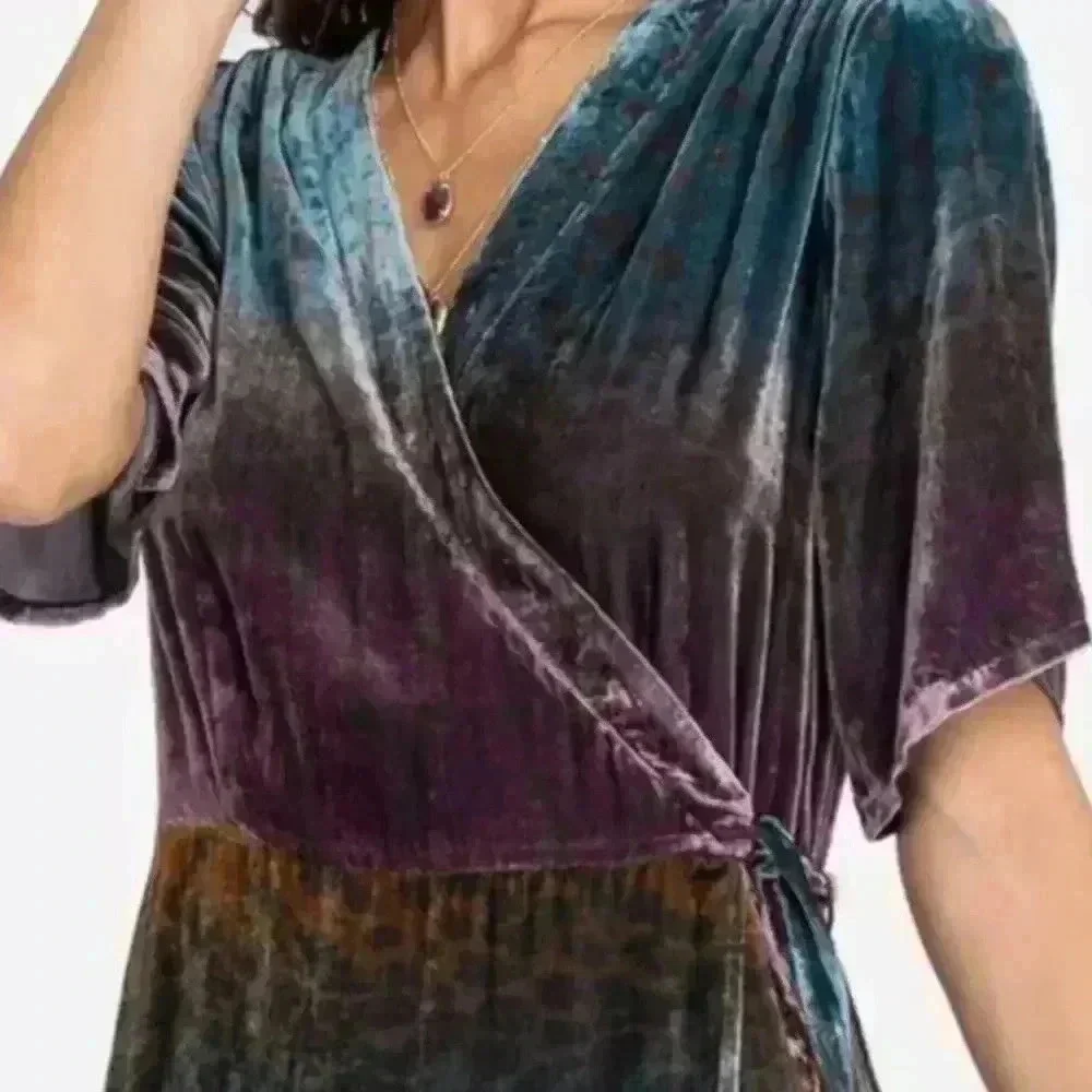 NWOT JOHNNY WAS Ombre Cheetah Print Velvet Midi Silk Wrap Dress Size XS - Picture 5 of 16